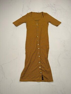 Heart Hips Button Front Midi Dress Mustard 90s VTG Button Front - Womens M